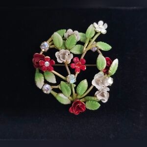 Vintage Austria Enameled Floral Brooch Aurora Borealis Rhinestones 1960 Signed